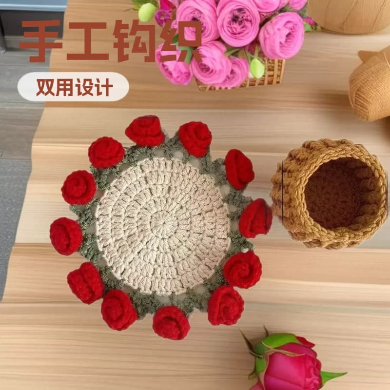 Finished Handmade Rose Bouquet Coaster Yarn Crochet Cup Turns into Handheld Bouquet Creative Gift Woven Flowers Light Luxury