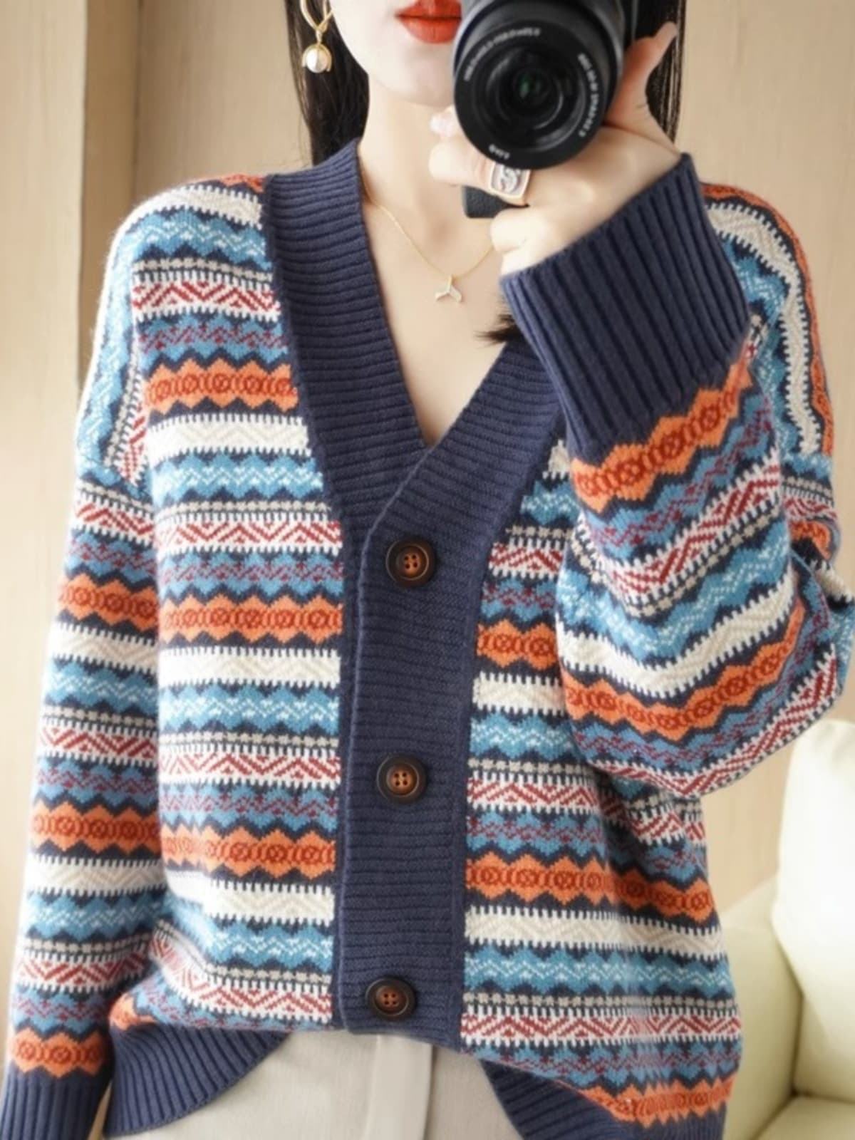 Striped Cashmere Cardigan for Women, Casual Thick Spring New Retro Jacquard Wool Sweater Knit Coat