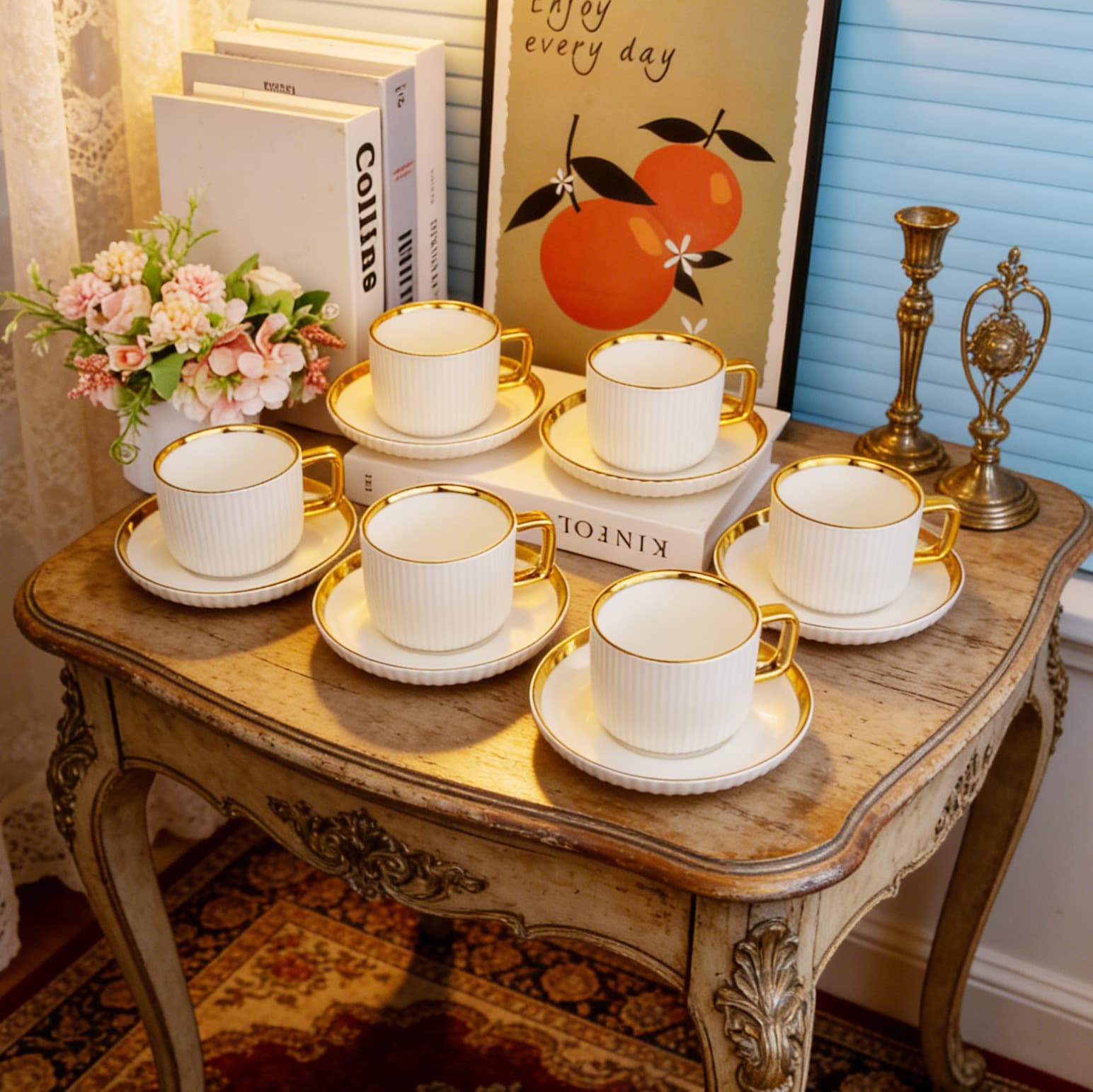 European Ceramic Coffee Cup and Saucer Set Gold Rim Luxury Afternoon Tea Set Home Use Gold-Trimmed 6-Piece Set