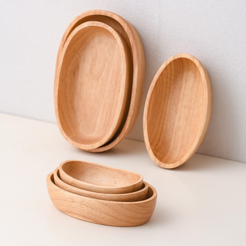 Rubber Wood Boat-Shaped Bowl Wooden Oval Tray Salad Wood Plate Hotel Serving Snack Plate Japanese Minimalist Style