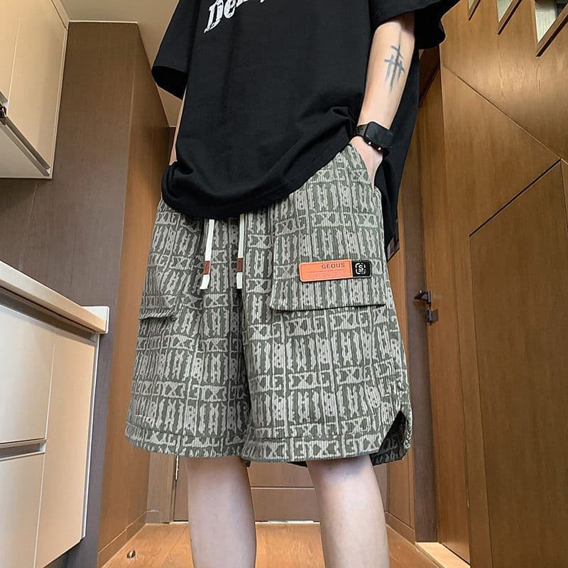 All-Over Print Cargo Shorts for Men, Summer Outdoor Wear, American High-Street Sports Fitness Mid-Length Shorts, Youth Casual Running Five-Point Shorts