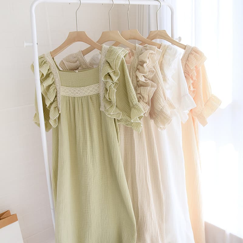 Women's pure cotton nightgown spring, autumn and summer new lotus leaf sleeve palace style double layer solid color cotton four-color short-sleeved nightgown