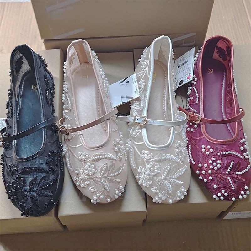 Z Spanish Embroidery Ballet Flats Women Fashion Hollow Mesh Round Toe Flat One-Band Buckle Mary Jane Shoes