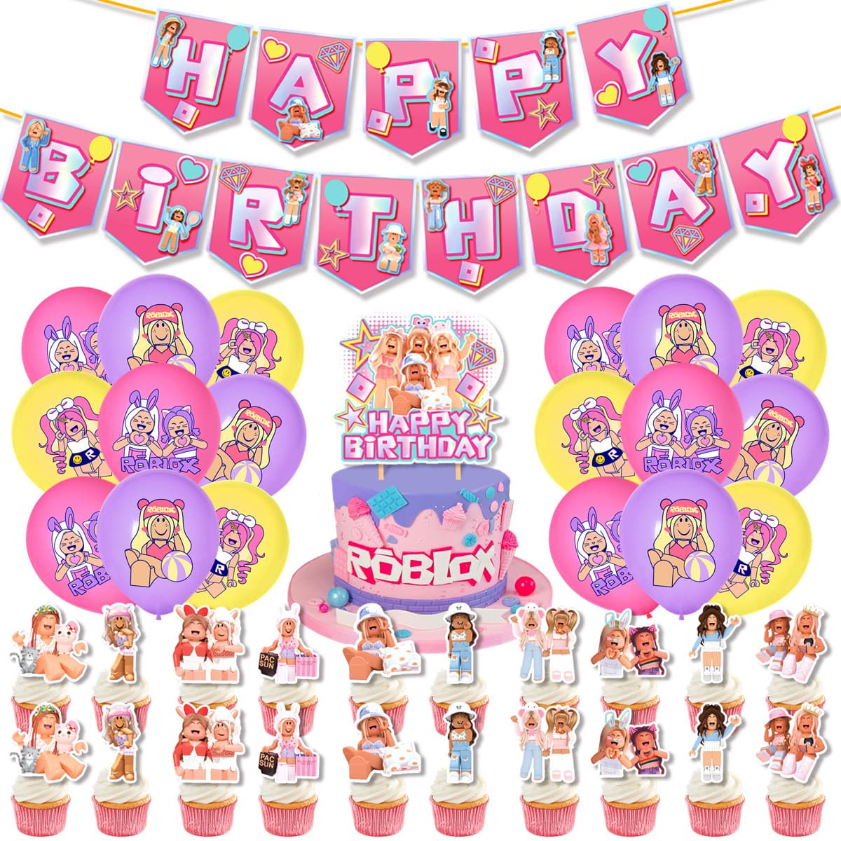 Women's Robox Theme Birthday Party Supplies Banner Balloon Cake Card Set Pink Sandbox Game