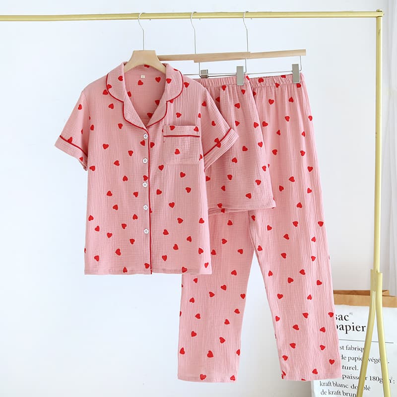 New Spring Summer Autumn Cotton Gauze Women's Pajama Set with Lapel Cute Little Heart Print Long Sleeve Long Pants Loungewear