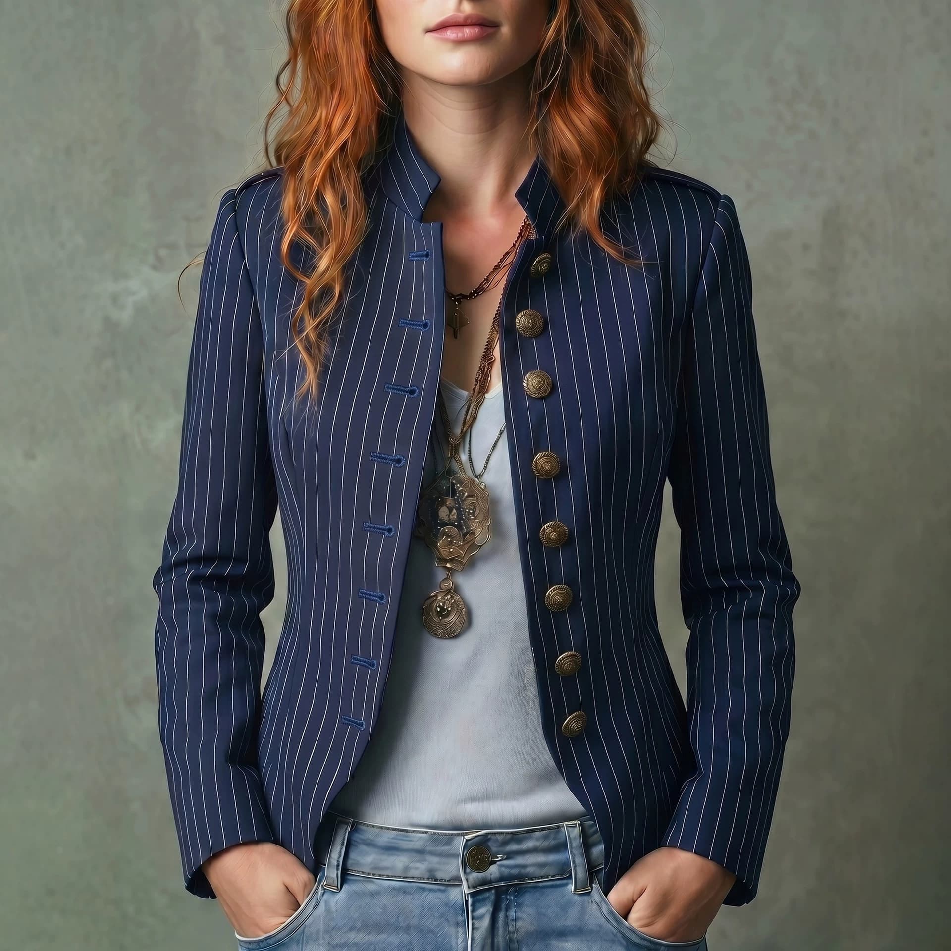 Cross-border European and American style suit jacket, navy striped stand-up collar, single-breasted small suit, slim-fit waisted long-sleeved suit
