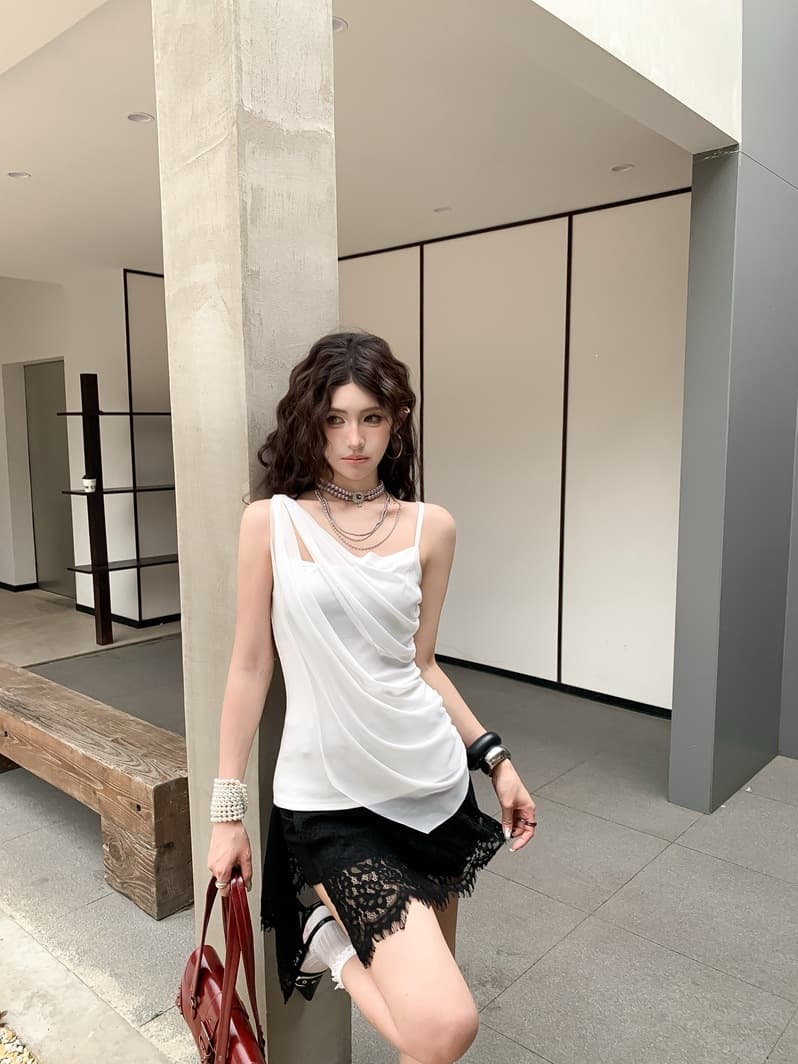 Sexy Irregular Mesh Spliced Sleeveless Camisole Top for Women Summer Going Out Slim Fit White Blouse