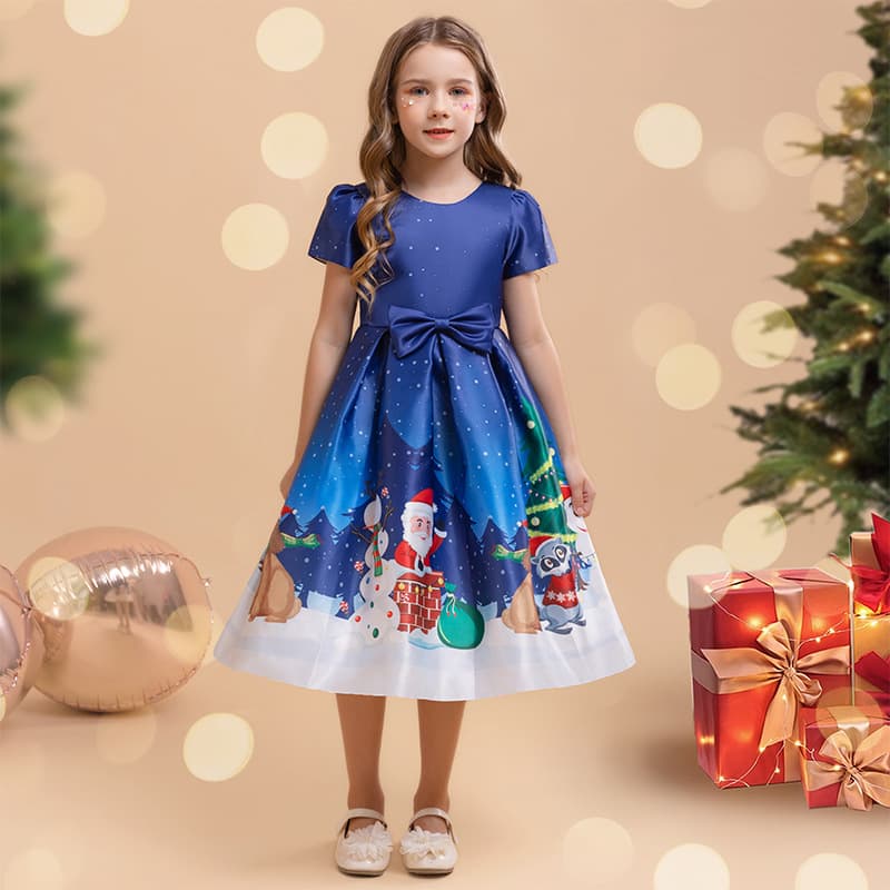 Cross-border Amazon children's Christmas dress princess dress party costume printed dress holiday banquet costume
