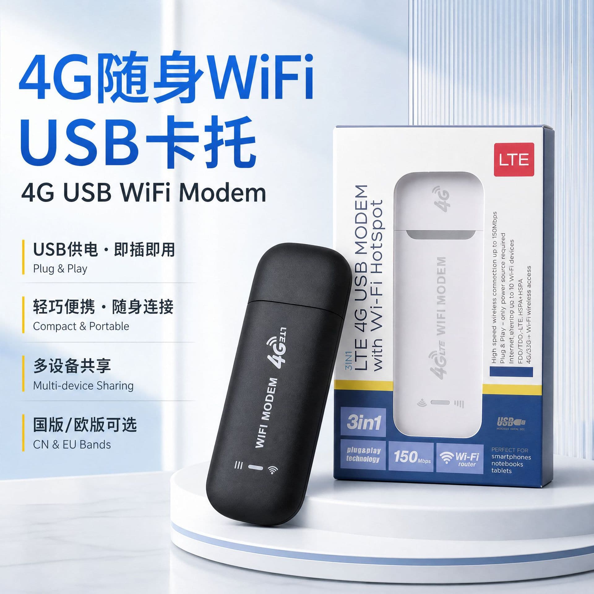 Portable 4G Wireless Internet Card Slot Wi-Fi Router Device for Laptop USB Interface High Speed Transmission White Color