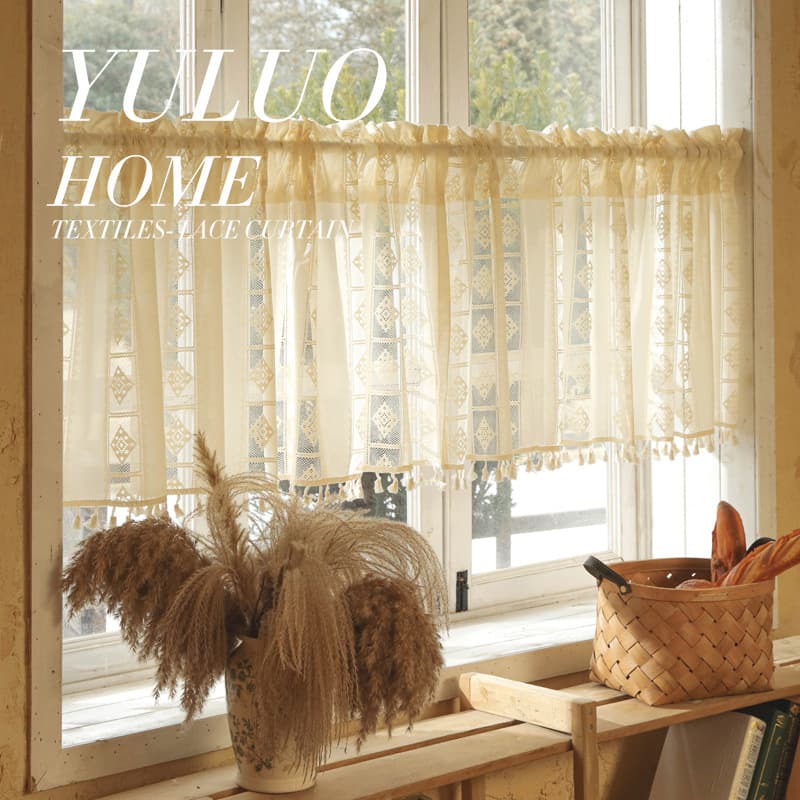 French Country Lace Velcro Half Curtain Short Curtain Sheer Curtain American Vintage Kitchen Door Curtain No Drilling