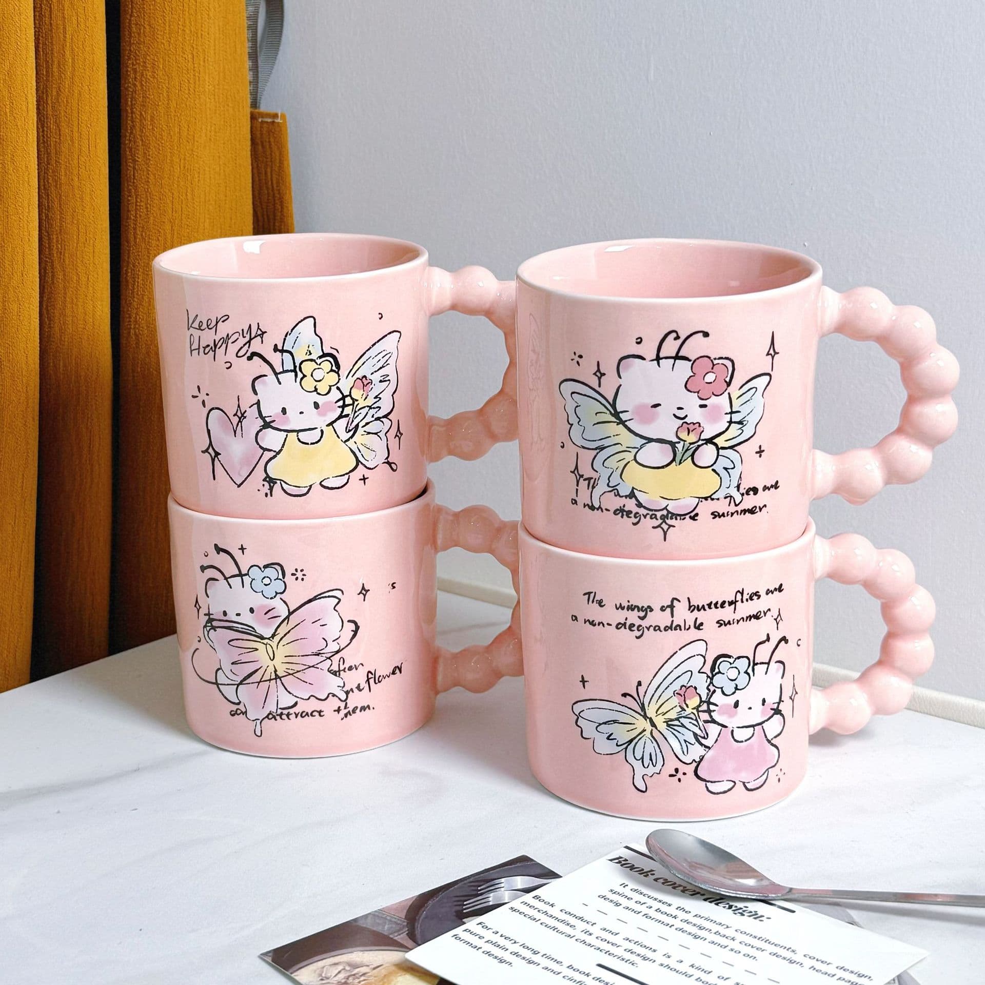Cute Cartoon Butterfly Ceramic Mug, Pink Girl Couple Water Cup, High Color Value Gift Box, Accompanying Gift Breakfast Cup