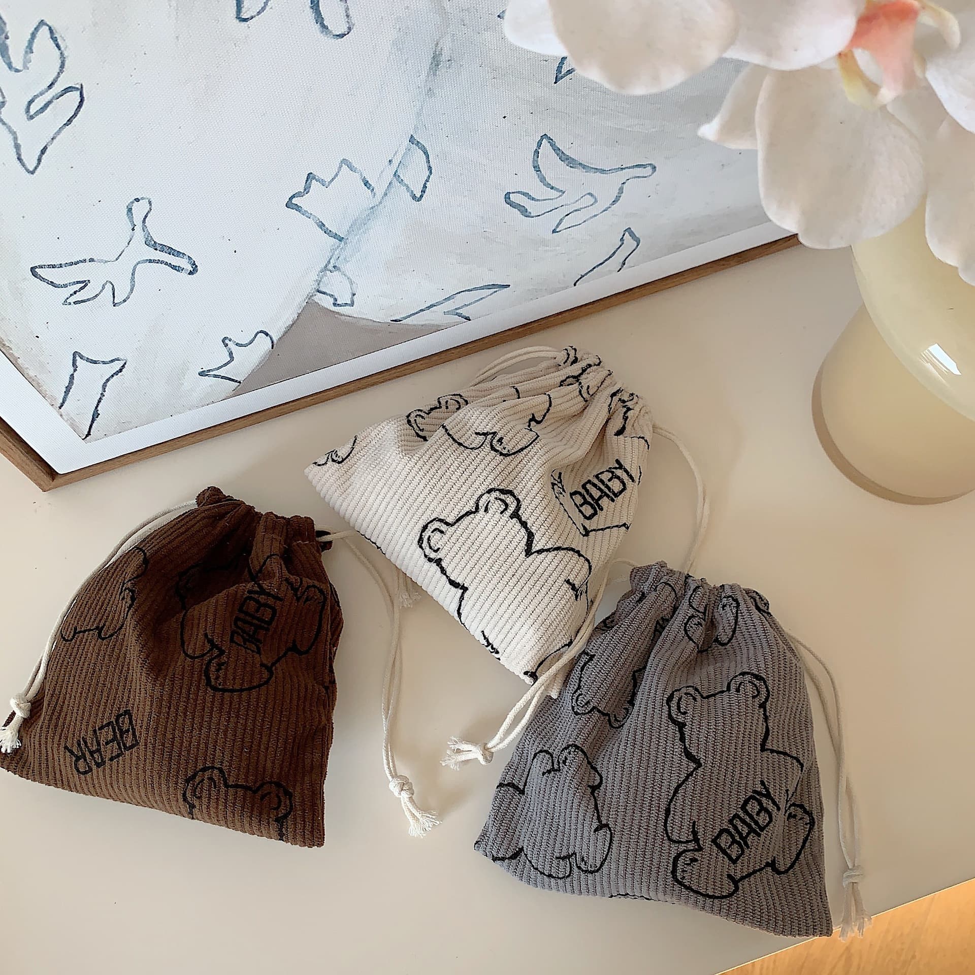3261 Corduroy Baby Bear Storage Bag for Cosmetics and Sundries, Small Drawstring Bag