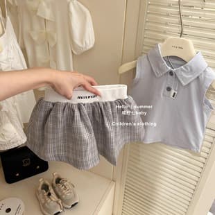 Casual Style! Korean Version Girls' Sleeveless Shirt and Skirt Set 2025 Summer New Arrival Girls' School Style Two-Piece Set