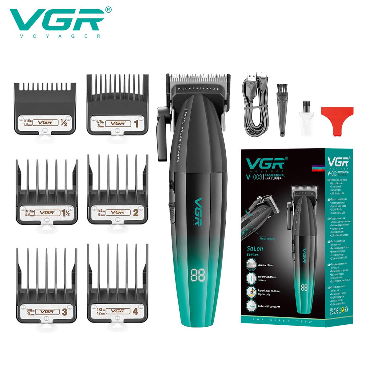 VGR003 Cross-border Men's Hair Clipper, Professional Salon High-Power Rechargeable Digital Display High Speed 9000RPM Trimmer