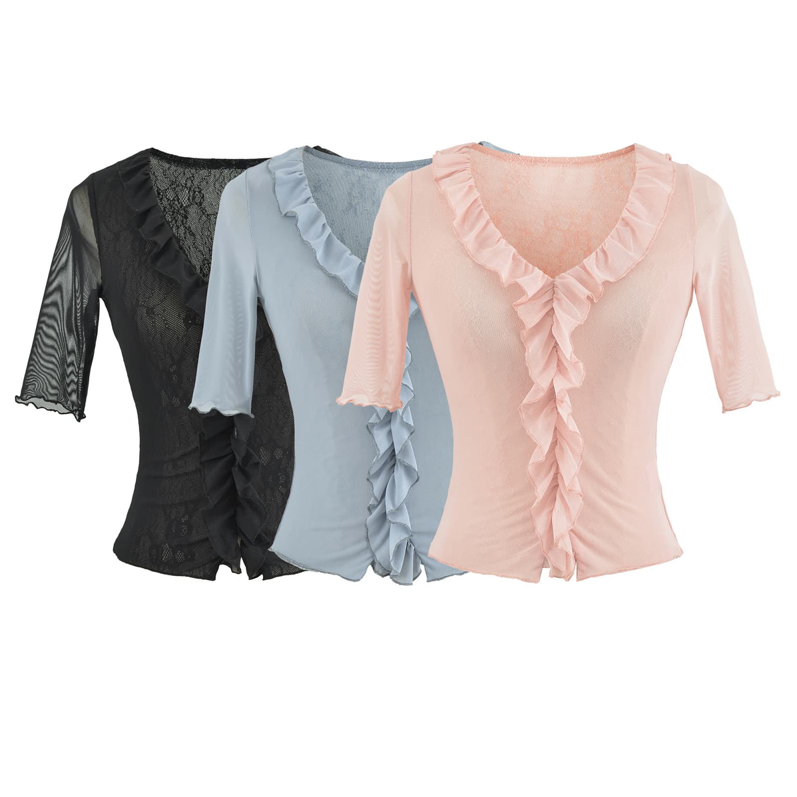 2026 summer new style V-neck ruffled mid-sleeve mesh T-shirt women's top T-shirt