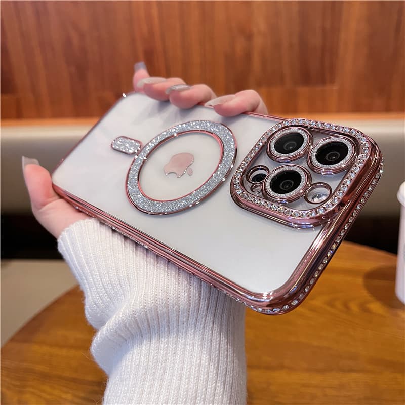 Light Luxury Rhinestone Electroplated Edge for iPhone15 Apple 16promax Phone Case with Glitter Lens Film 14pm