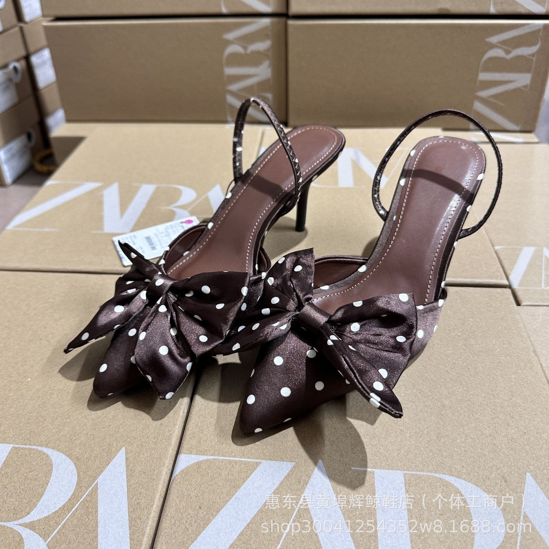 Silk Butterfly Knot Hollow Out Pointed Toe Women's Shoes Spring Summer Fashionable Polka Dot High Heels Low Chunky Heel