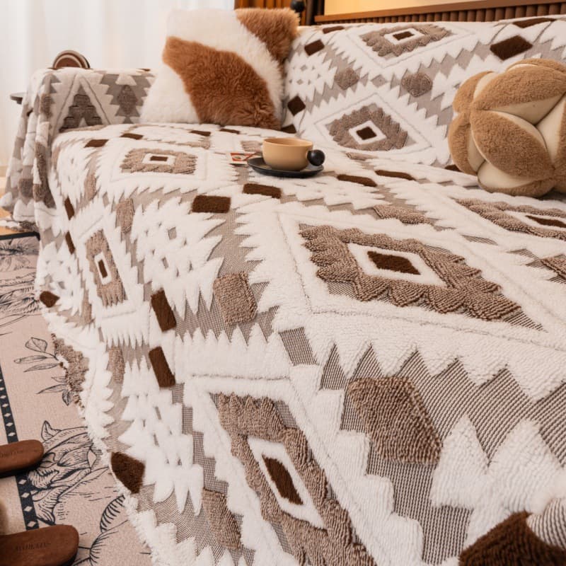 Winter Vintage Plush Fashion Sofa Throw Blanket, Comfortable Flannel One-Piece Sofa Cover, Thickened Warm Sofa Blanket
