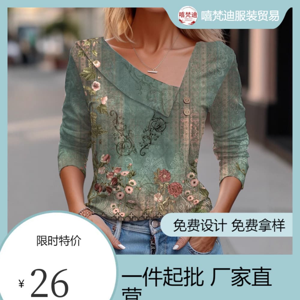 European and American cross-border 3D digital pattern floral retro simple fashion wear spring and autumn women's clothing asymmetrical slope collar long sleeves