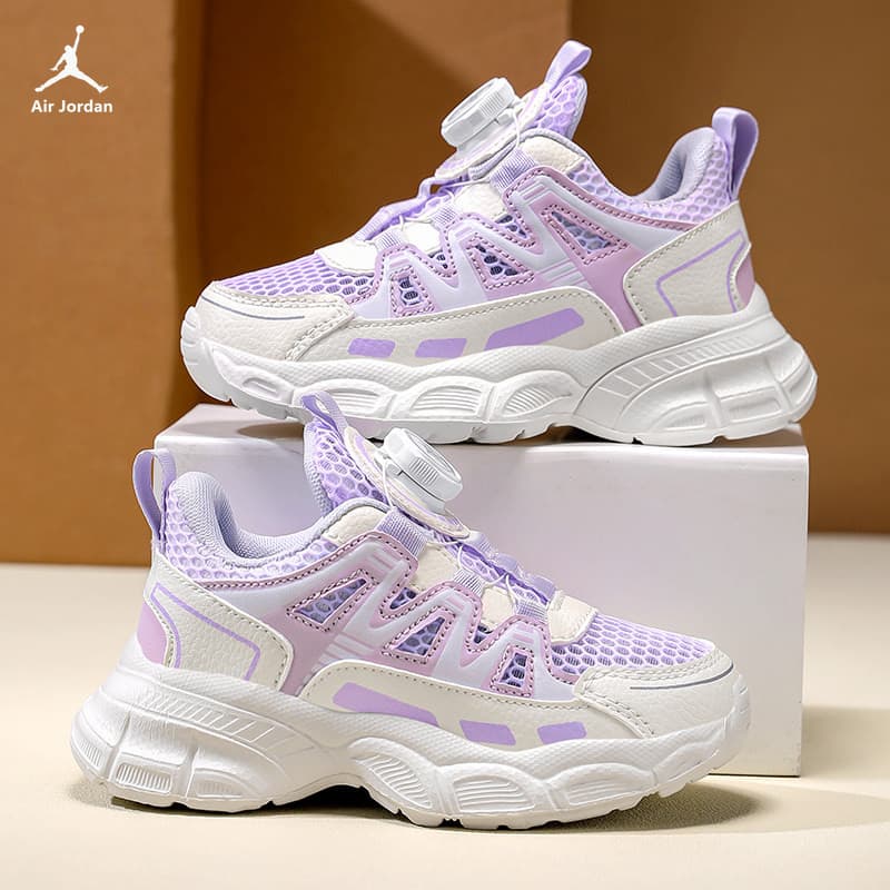 Jordan New Girls' Summer Shoes Single Mesh Breathable Student Spin Buckle Children's Sports Shoes Running Shoes