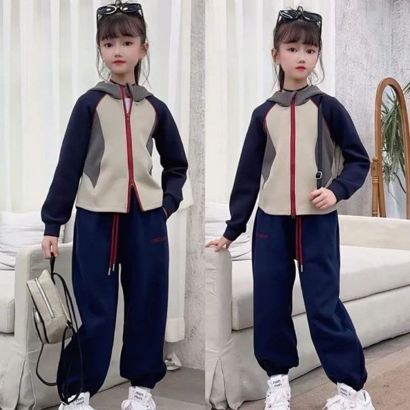 Girls autumn clothing color-blocked cardigan jacket and trousers two-piece set 2026 new Korean style loose sports suit for middle and large children