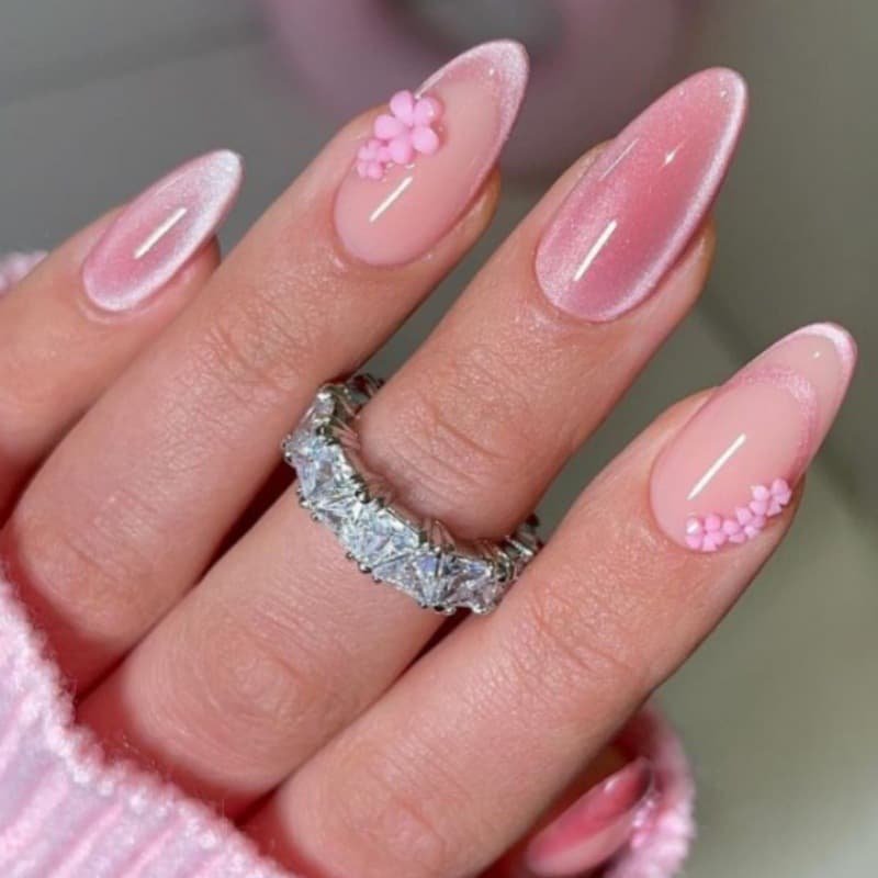 24-Piece Spring Little Flower Cat Eye French Press-On Nails, Fairy Pink Textured Shimmery Press-On False Nails