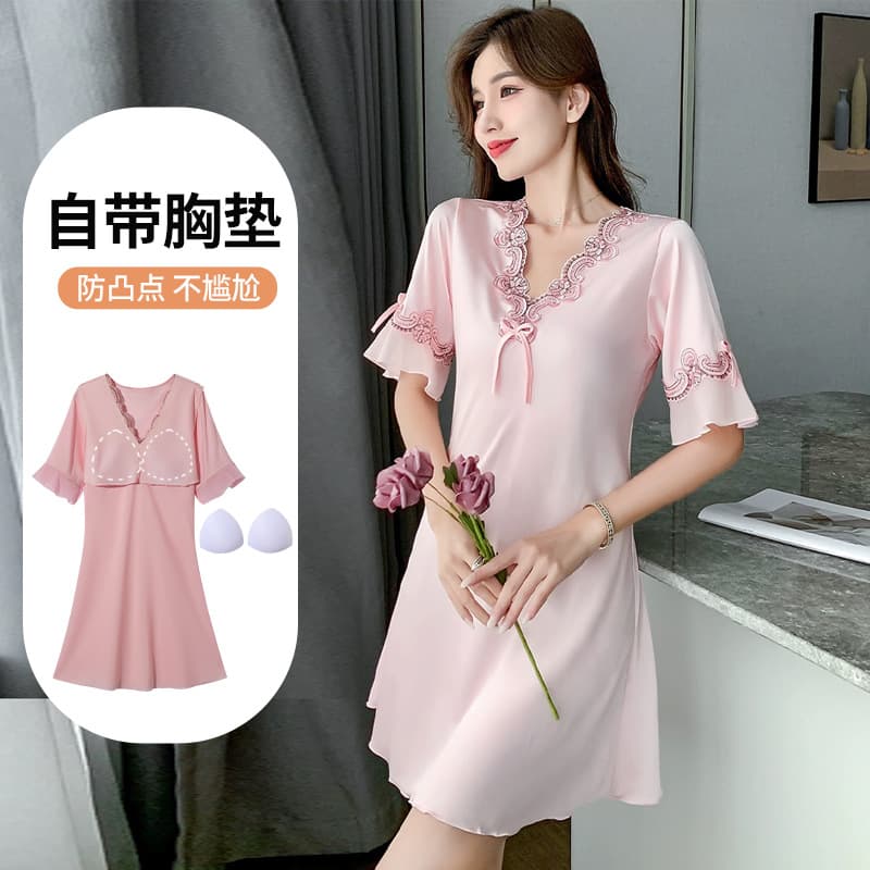 Ice Silk Sleep Dress for Women Summer with Built-in Bra Padded V-Neck Short Sleeve Lace Embroidery Loungewear Luxury Premium Nightgown