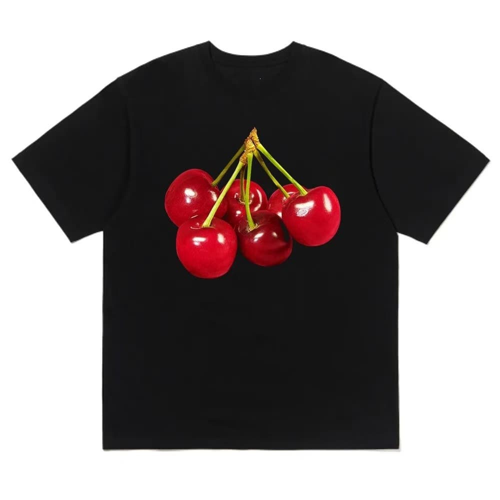 Milk Silk Creative Summer Chic Cherry Print Short Sleeve Cherry Pattern Versatile T-Shirt Fun Couple Top