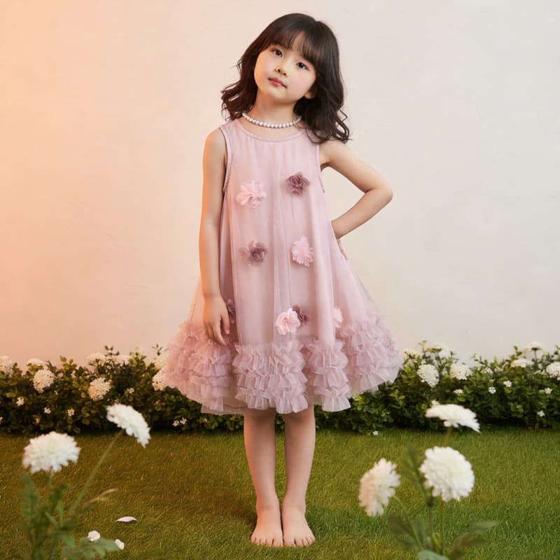 New Summer 3D Flower Princess Dress for Baby Girls, Little Girl Party Gown, Cake Dress