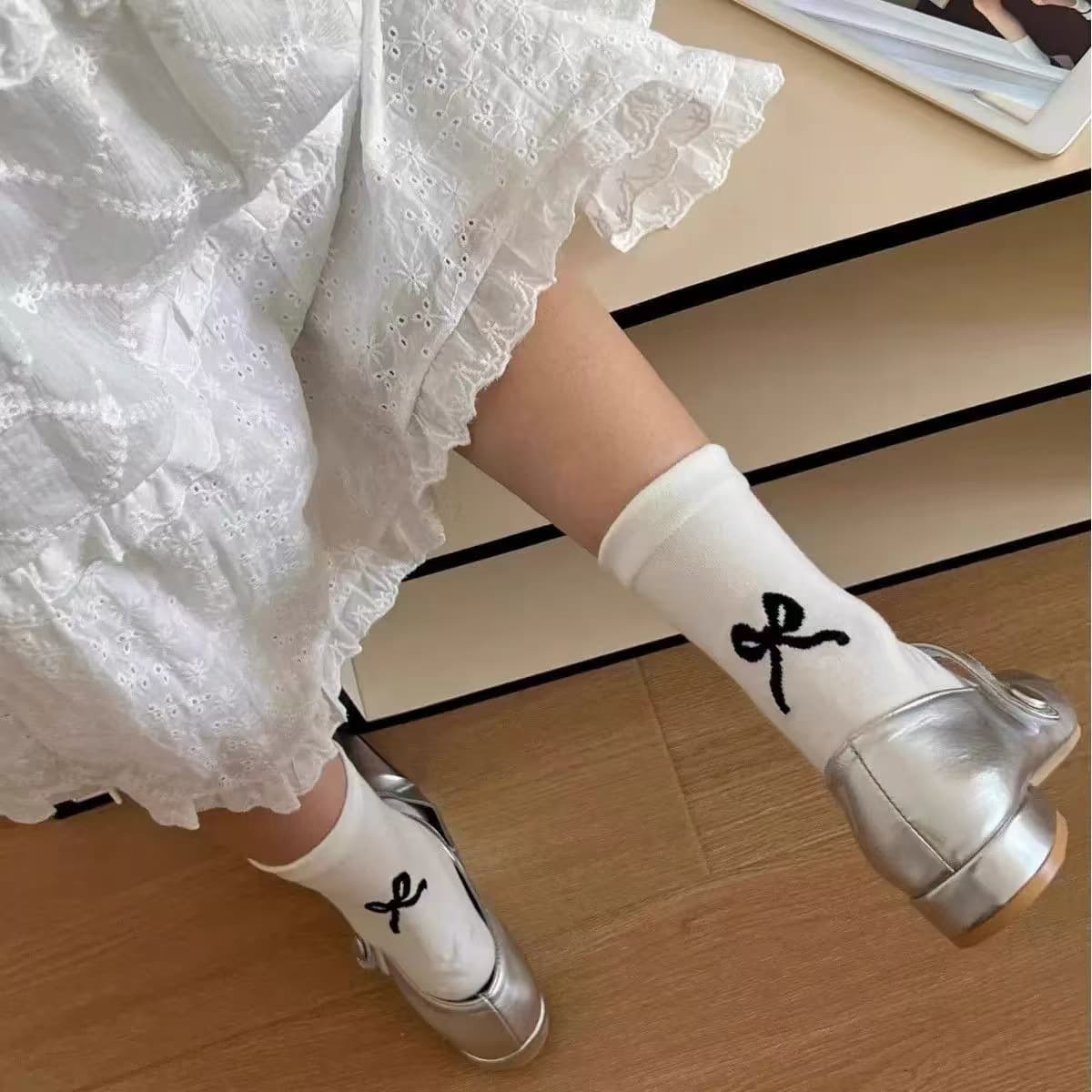 Women's Spring and Summer Bowknot Mid-Calf Socks, Ballet Style, Trendy Ins-Style Socks for Girls, Student Socks, Japanese and Korean Style Slouch Socks