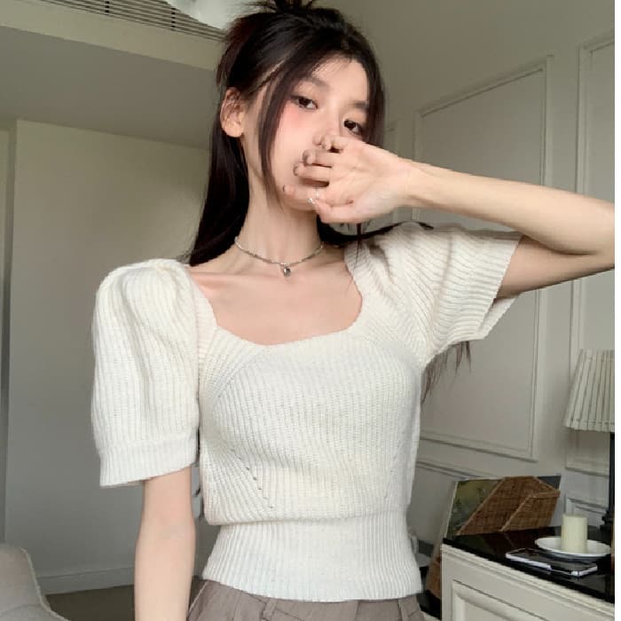 Square Neck Backless Bubble Sleeve Knit Top Women's Summer New French Vintage Short Cropped Short Sleeve Fitted White Blouse