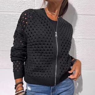 2025 New Amazon Independent Station European American Cross-border Women's Casual Hollow Knitted Zipper Jacket Coat for Women