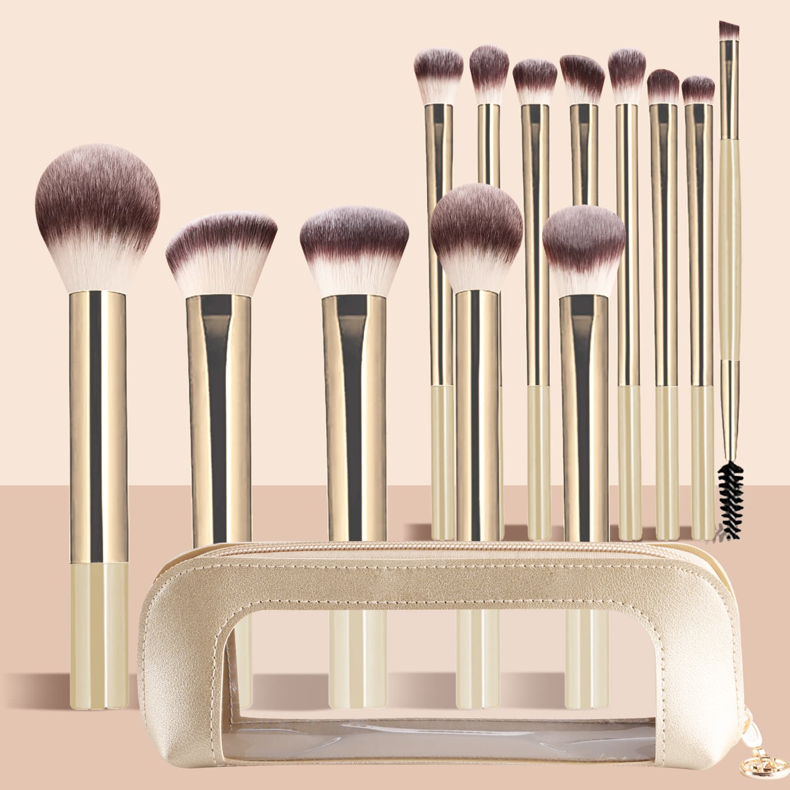 Nongying 13 pieces champagne gold brown makeup brush set + storage bag loose powder blush eye shadow brush set