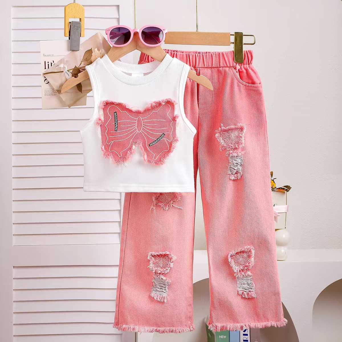 Children's Summer Patch Bow Sleeveless Top + Pink Ripped Denim Long Pants Set
