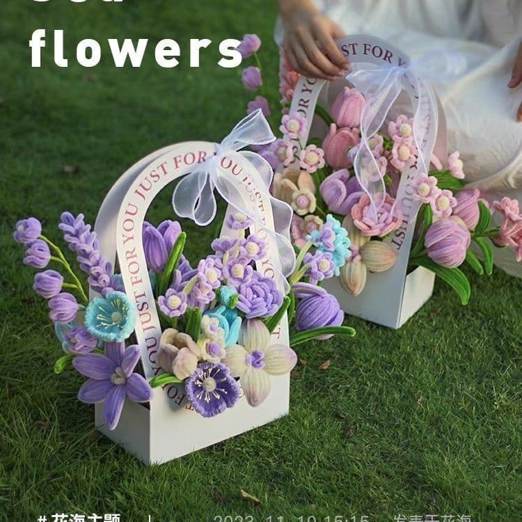 520 Handmade DIY Chenille Stem Flower Bouquet Hug Box Material Kit Gift for Best Friend with Handle Bow