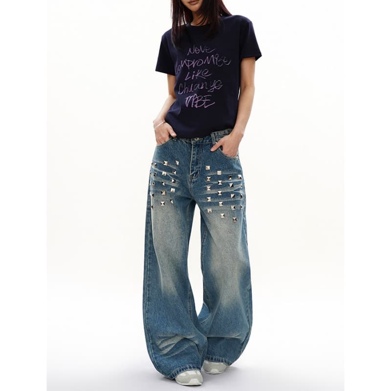 American Retro Rivet Wide-Leg Jeans for Men and Women, Loose Casual Versatile Trendy Floor-Length Pants