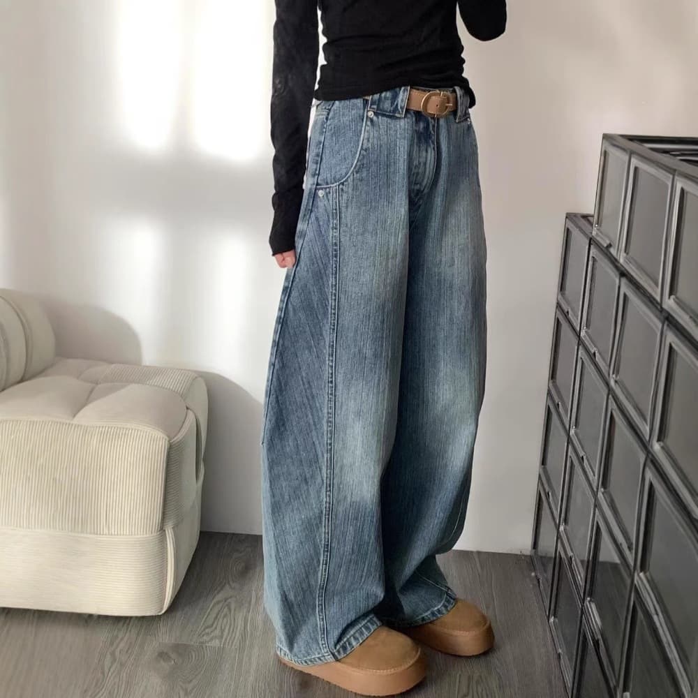American Retro Curved Blade Jeans for Women, Summer New Style Plus Size High Waist Slimming Flowy Wide Leg Sickle Pants