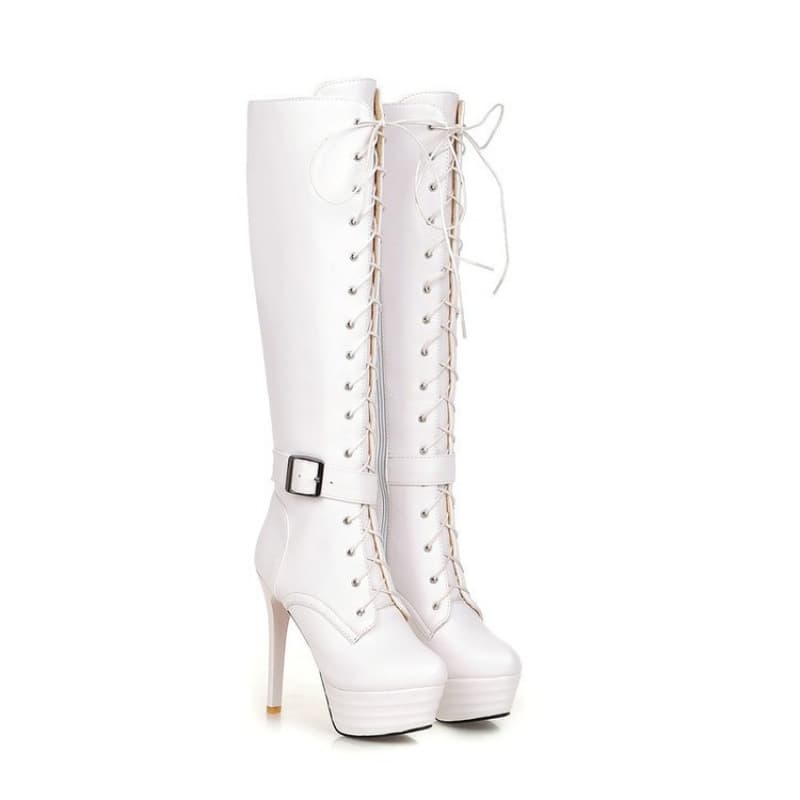 New Autumn and Winter Style Thin-Heeled Knight Boots, Over-The-Knee Long Boots, Lace-Up High-Heeled Boots, Belt Buckle, Large Size Women's Boots