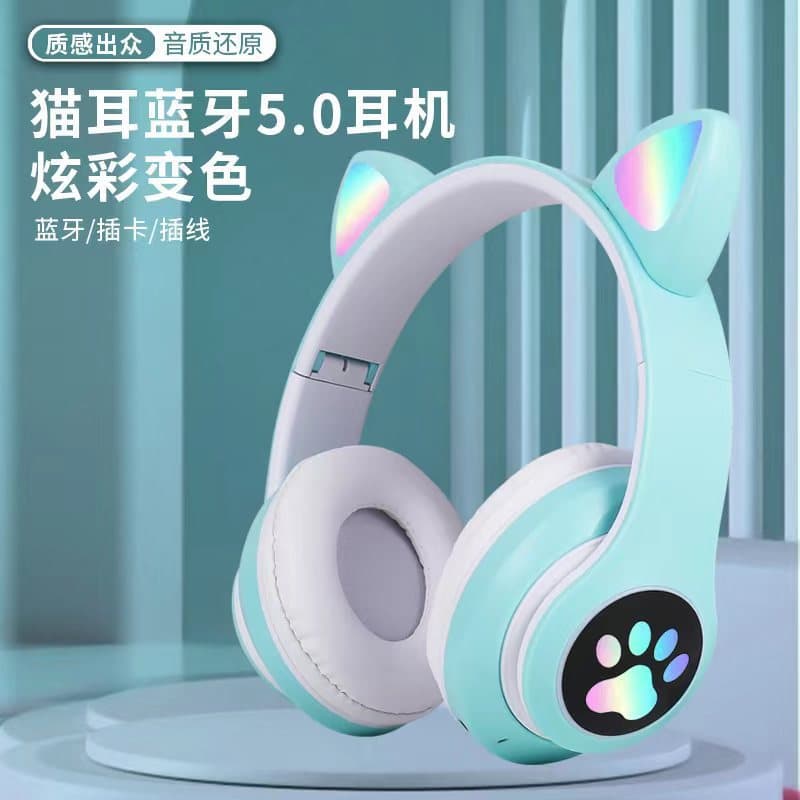 Cat Ear Headset Wireless Bluetooth LED Light up Cat Claw Headphones Overhead Style Stereo Sound Neutral Brand for All Platforms