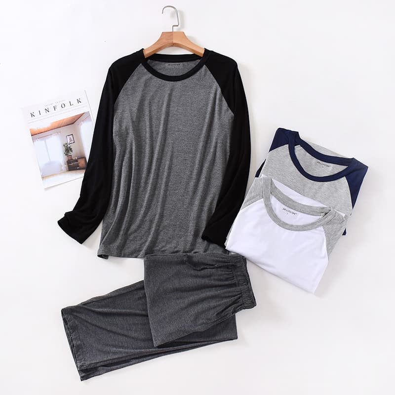 Spring/Summer Men's Modal Raglan Spliced Long Sleeve and Long Pajama Set, Casual Plus Size Sportswear and Loungewear