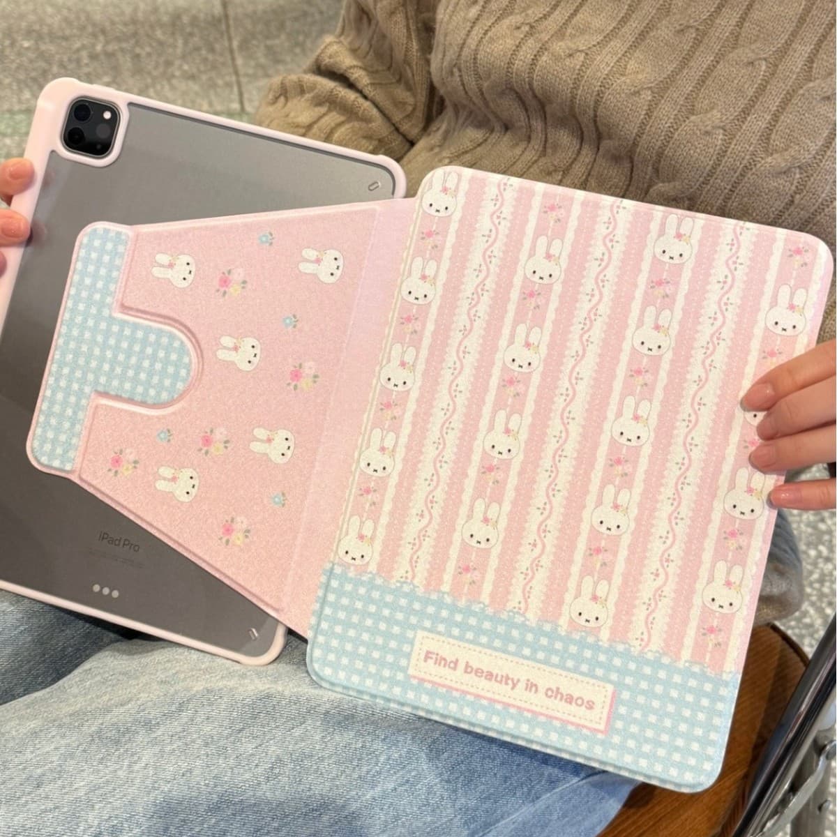 Pink striped rabbit suitable for ipad pro 11 inch tablet protective case iPad 6/7/8/9 apple mini protective case