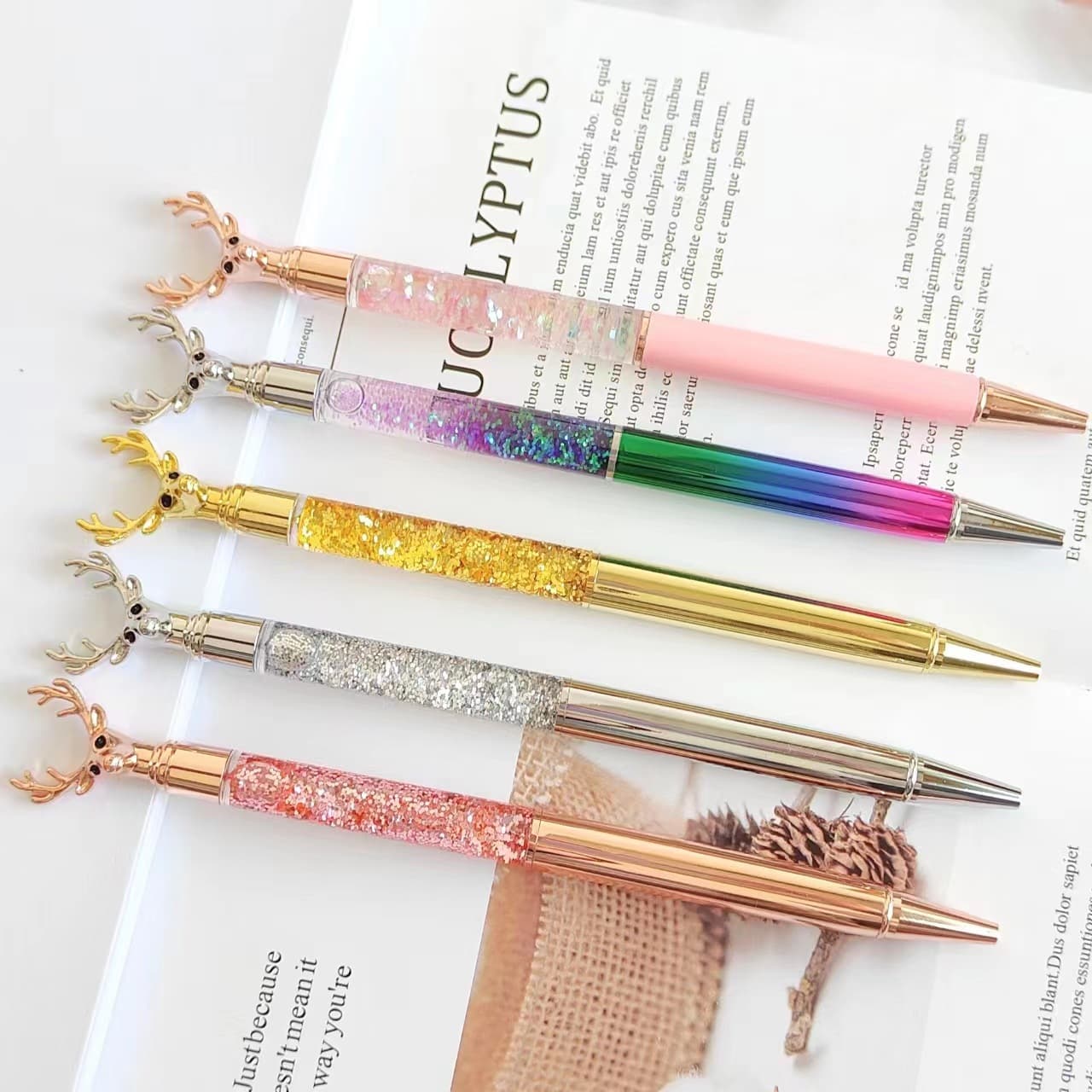 Elk Deer Head Pen Wholesale Crystal Rhinestone Pen Shimmer Glitter Pen Gold Powder Oil Pen Advertising Gift Metal Ballpoint Pen