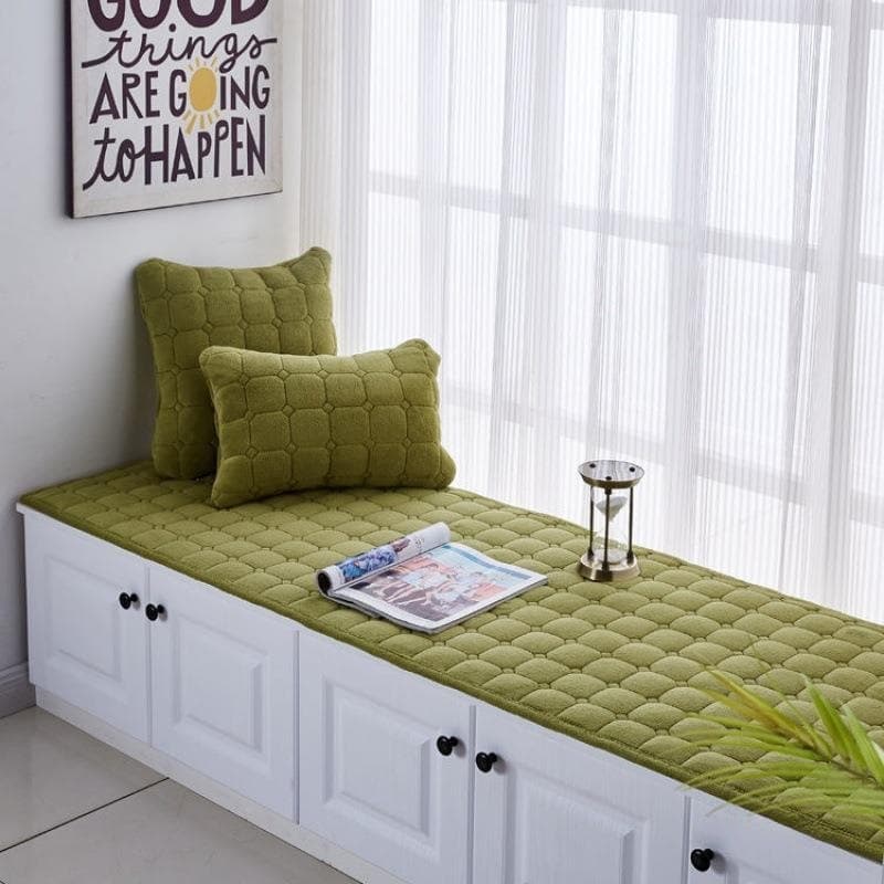 Thick Plush Non-Slip Window Sill Mat, Luxurious Checkered Tatami Mat, Simple Quilted Embroidered Balcony Mat, Bedside Carpet, Machine Washable