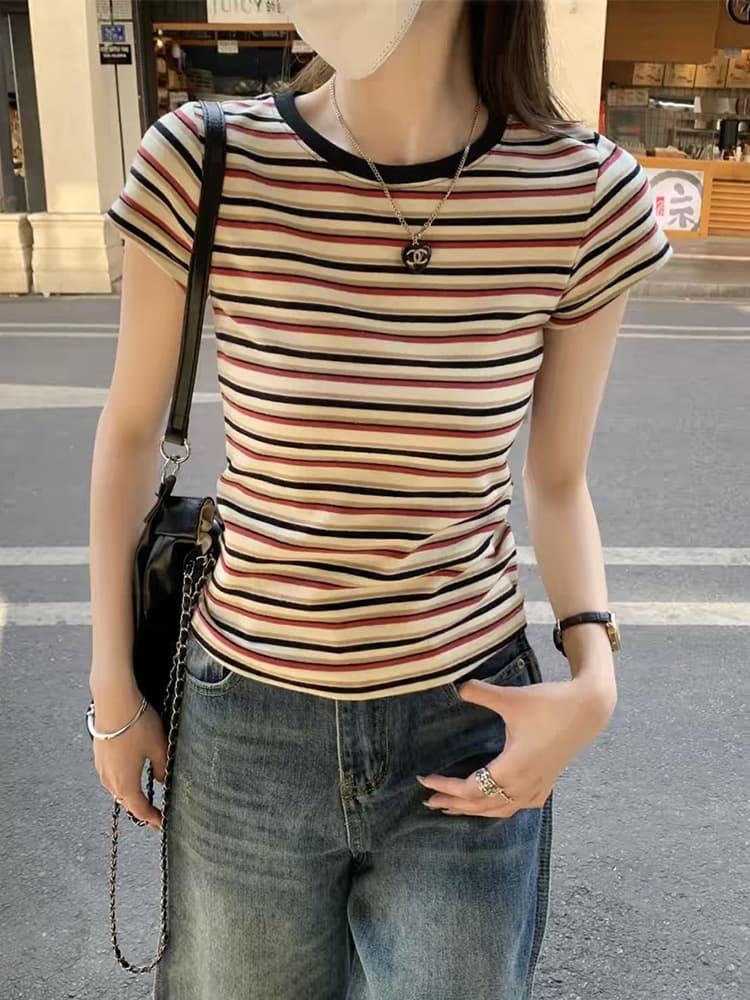 Color-Block Striped Crew Neck Short-Sleeve T-Shirt for Women, Summer Commute Versatile Slim-Fit Design, Flattering Base Top