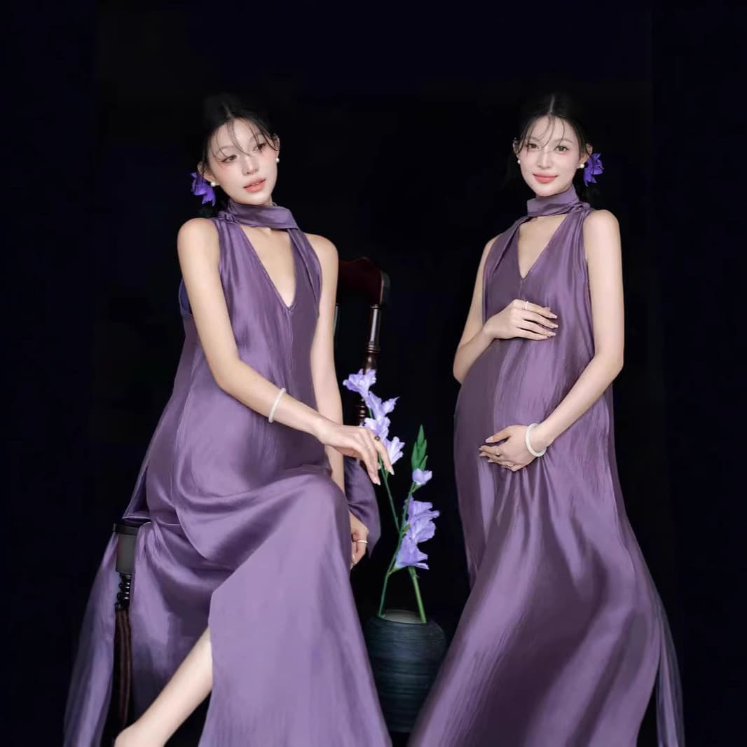 New Studio Maternity Photography Dress Simple Fashionable Maternity Photo Shoot Pure Desire Sexy High-End Purple Outfit