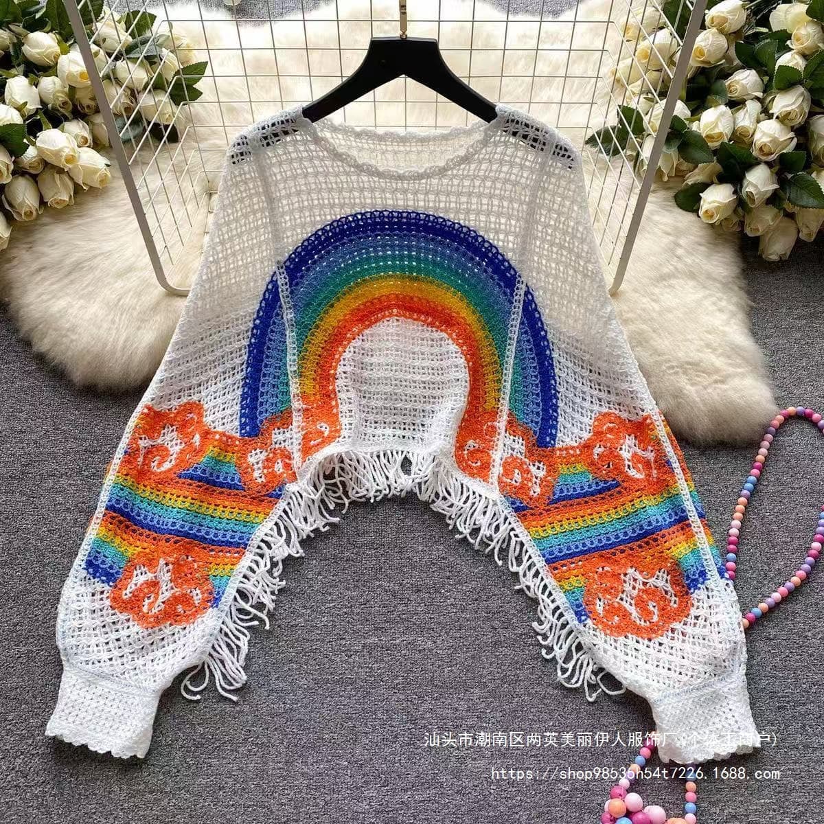 Unique Vacation Style Rainbow Tassel Hollow-Out Knit Cardigan for Women, Loose and Casual Versatile Pullover Outerwear Top
