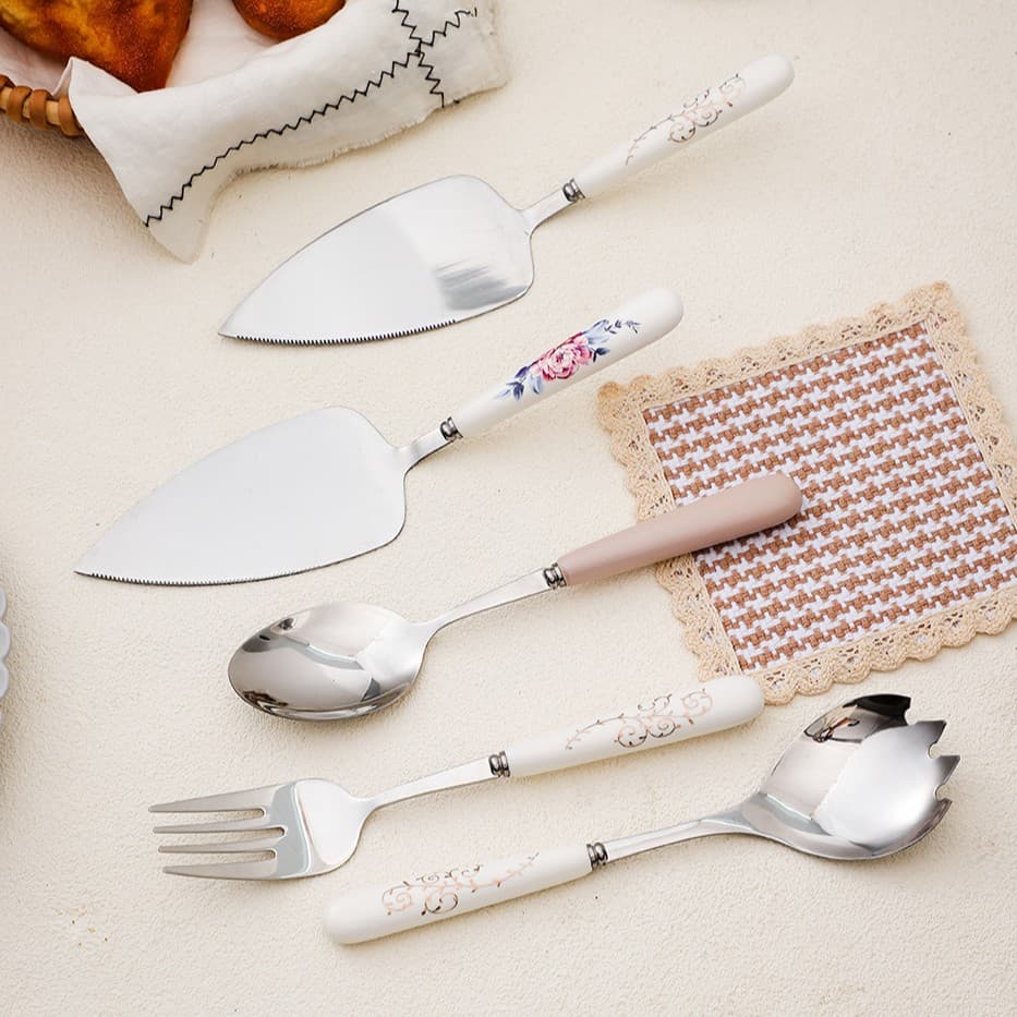 Ceramic handle cake cutter stainless steel baking tools dessert salad mixing spoon fork set spatula combination
