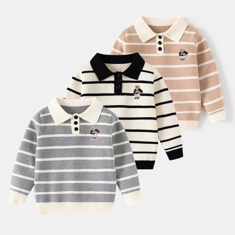 European American Style Kids Boys Striped Jacquard Single Layer Core Spun Yarn Chunky Knit Sweater Kids Bear Embroidery Lapel Sweater