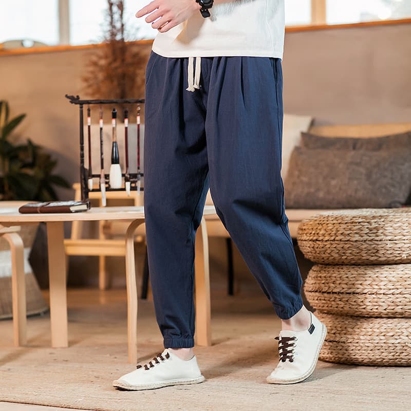 Chinese Style Spring Summer Men's Casual Pants Loose Korean Fashion Tapered Leg Cotton Linen Harem Pants Cropped Pants