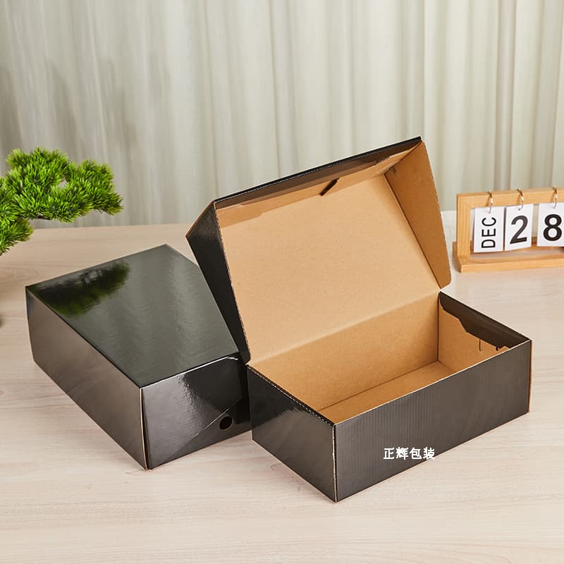 Black glossy film shoe box, cardboard box for express delivery, e-commerce shipping, flip-top paper leather shoe box, wholesale, in stock, printable